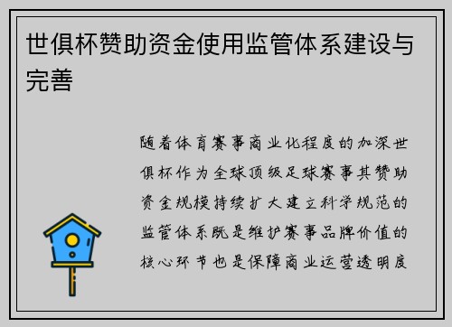 世俱杯赞助资金使用监管体系建设与完善